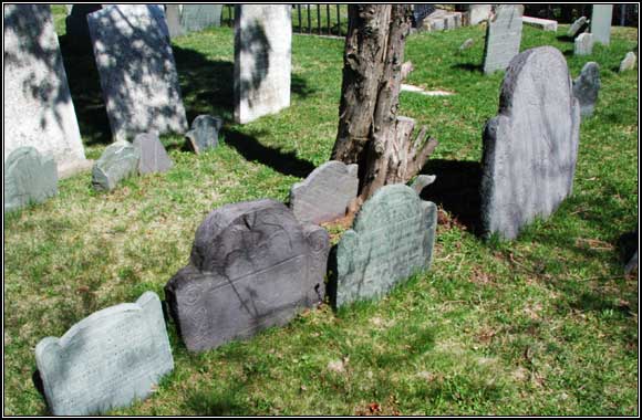View which includes the three headstones and two footstones bearing the name "Elizabeth Holyoke."