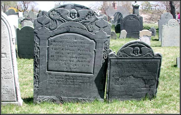Headstones for Miss Mary Nicholson (1784) and Mrs. Emme Pedrick 1790).