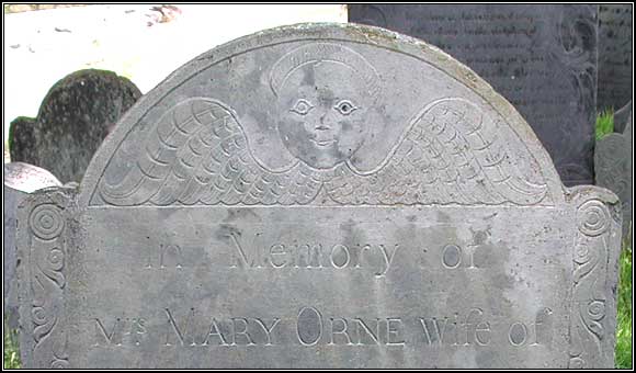 Detail of headstone of Mrs. Mary Orne (1778).